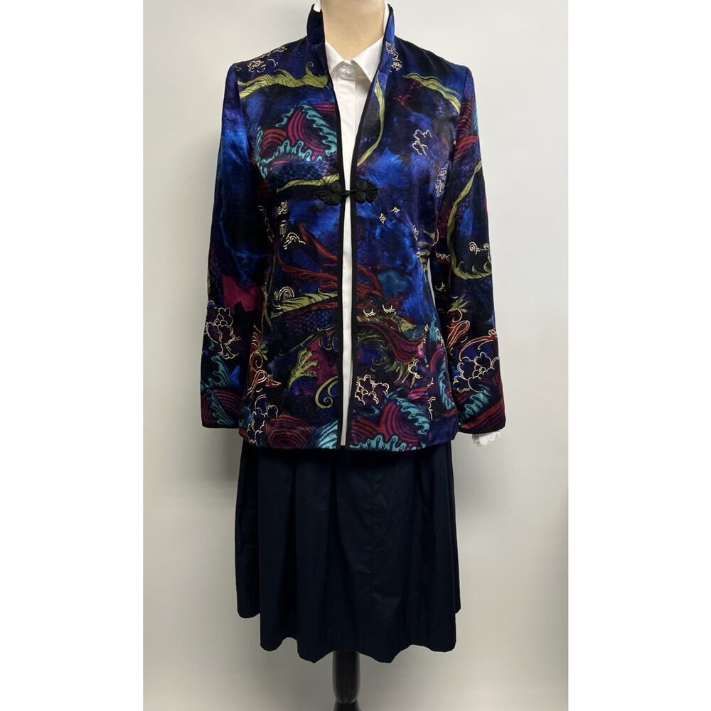 Vintage Asian Print 100% Silk Artsy Kimono Colorful Jacket Size 4 Elegant Glam‎